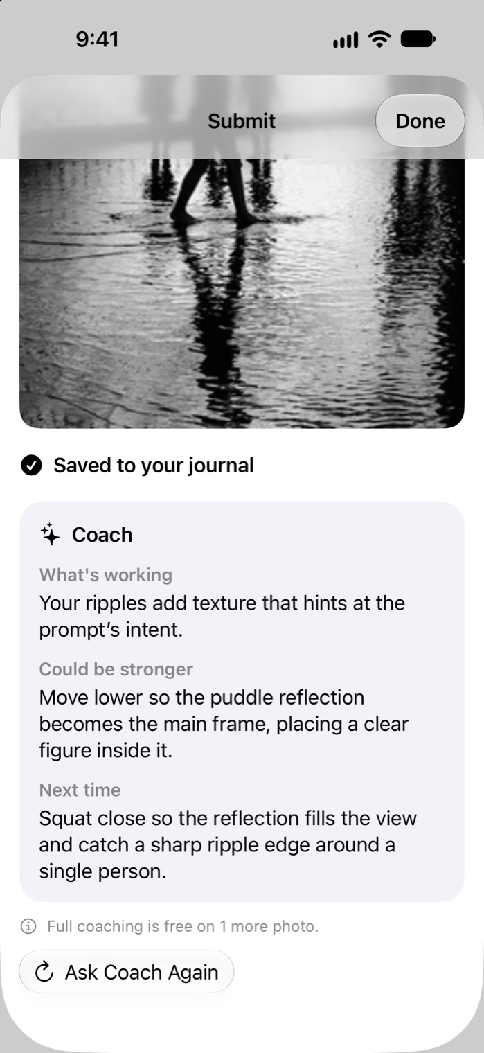 Coaching for the prompt After the Rain on a photo of silhouetted figures reflected in shallow water. What’s working: your ripples add texture. Could be stronger: move lower so the puddle reflection becomes the main frame.