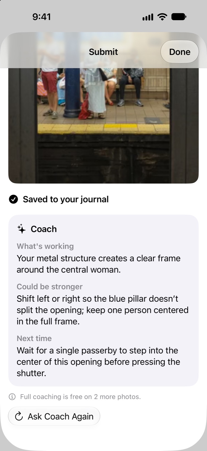 Coaching for the prompt Framed Passerby on a photo of a subway platform seen through a train door. What’s working: your metal structure creates a clear frame around the central woman. Could be stronger: shift left or right so the blue pillar doesn’t split the opening.